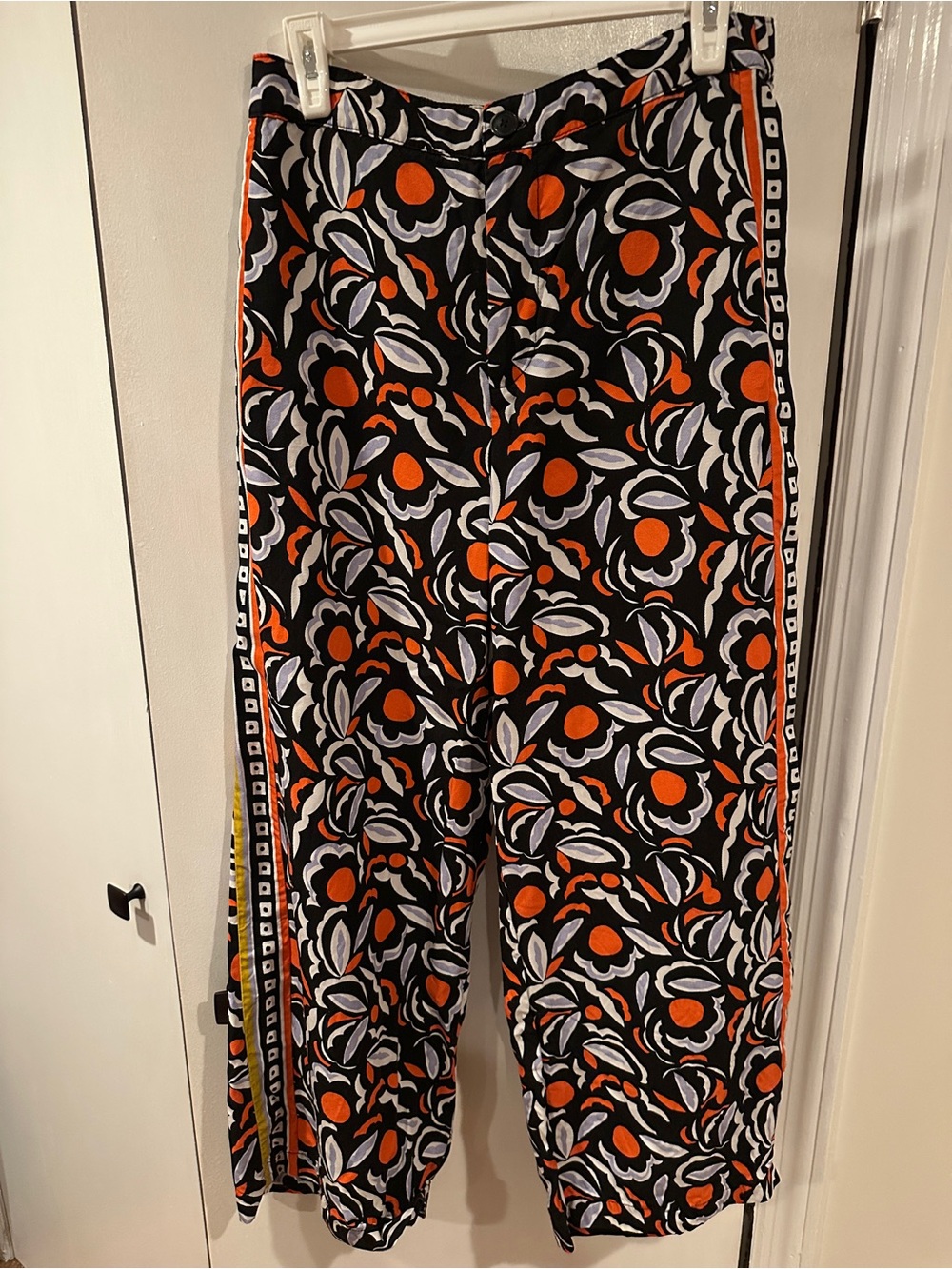 Anthropologie Black Orange White Floral Wide-Leg Trousers